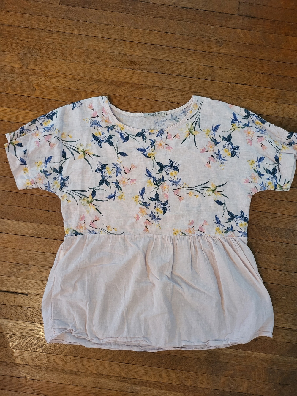 Floral Short Sleeve Peplum Linen Top - Light Pink